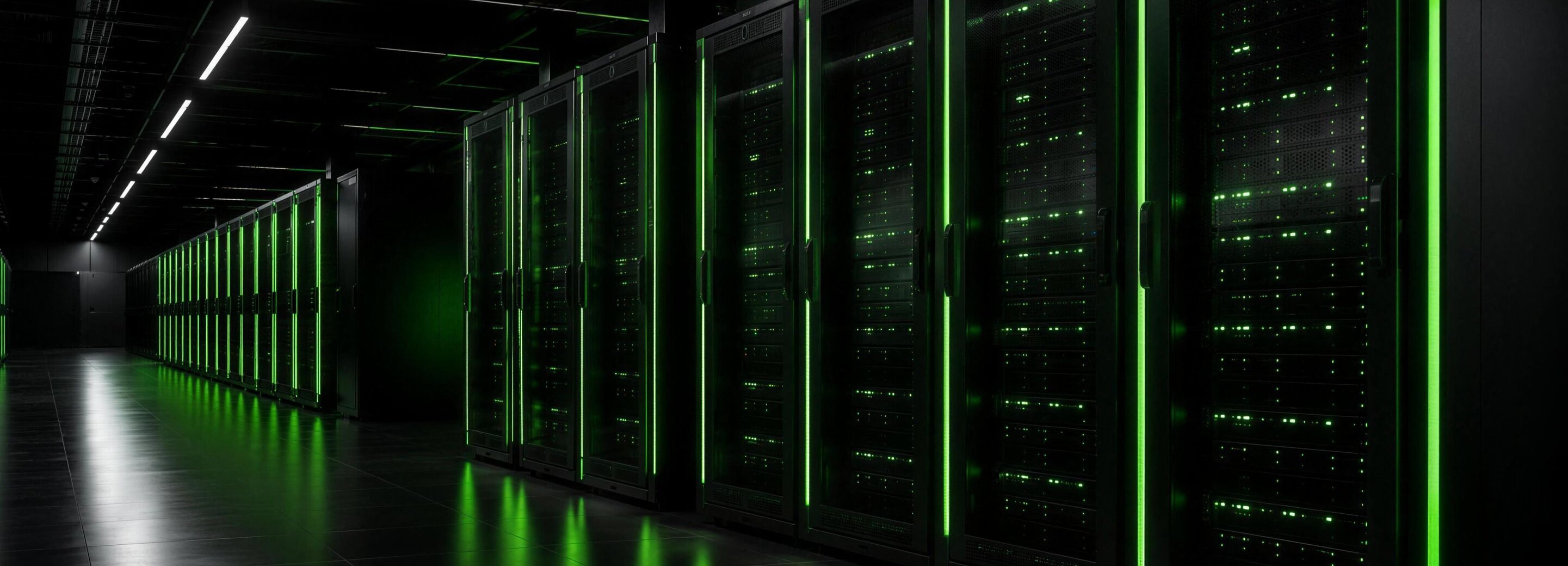 Data centre corridor with green lights