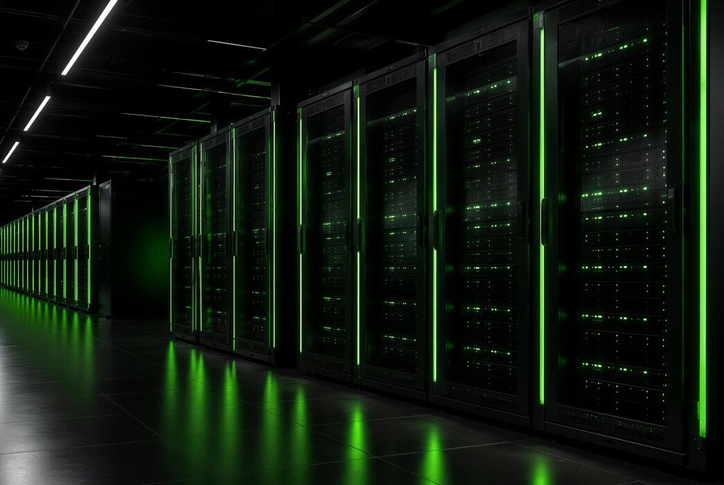 Data centre corridor with green lights