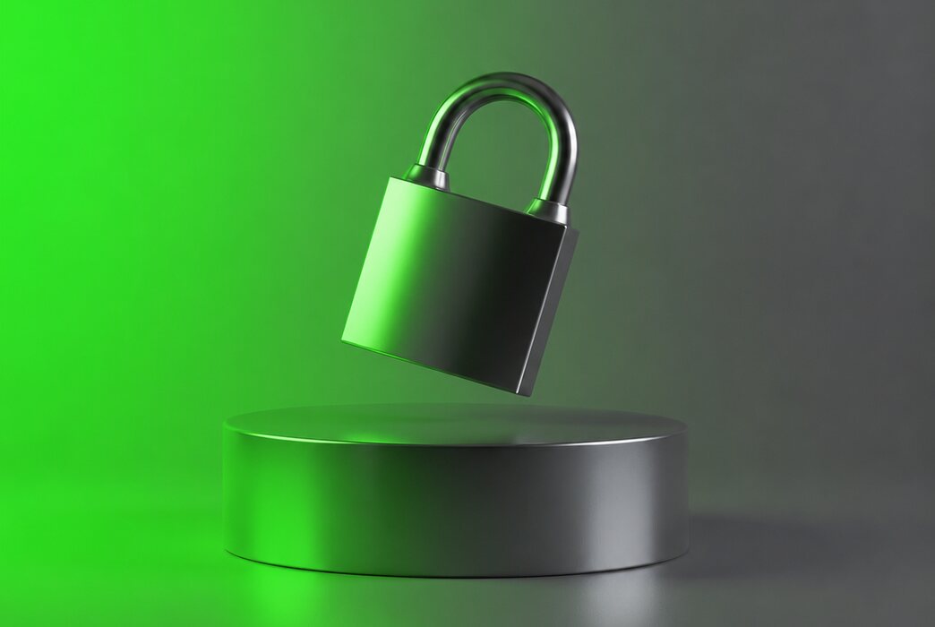 Green padlock on a pedestal symbolising data security