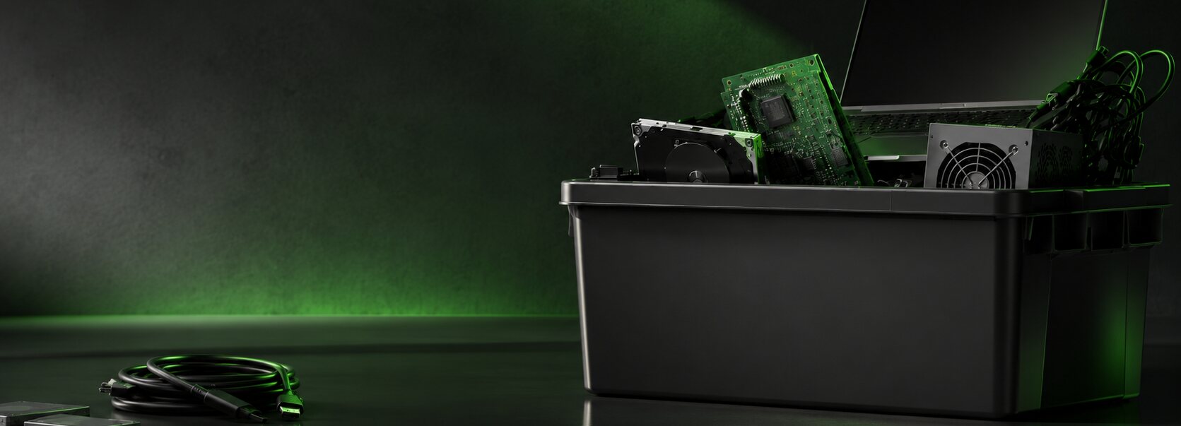 IT equipment collected in a crate for responsible recycling