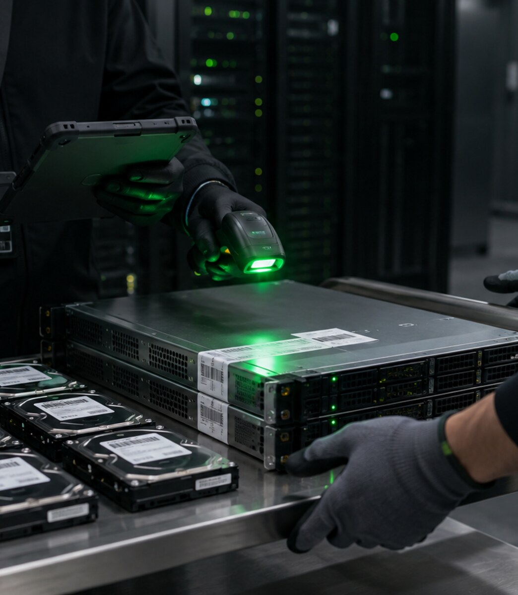 Technician scanning a server with a handheld reader during IT asset inventory
