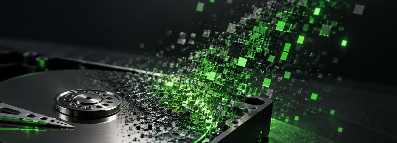 Hard drive with green data particles symbolising certified data erasure
