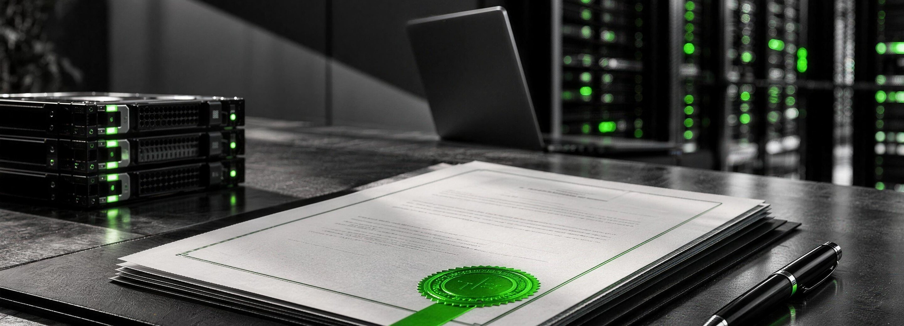 Certificate with a green seal on a desk