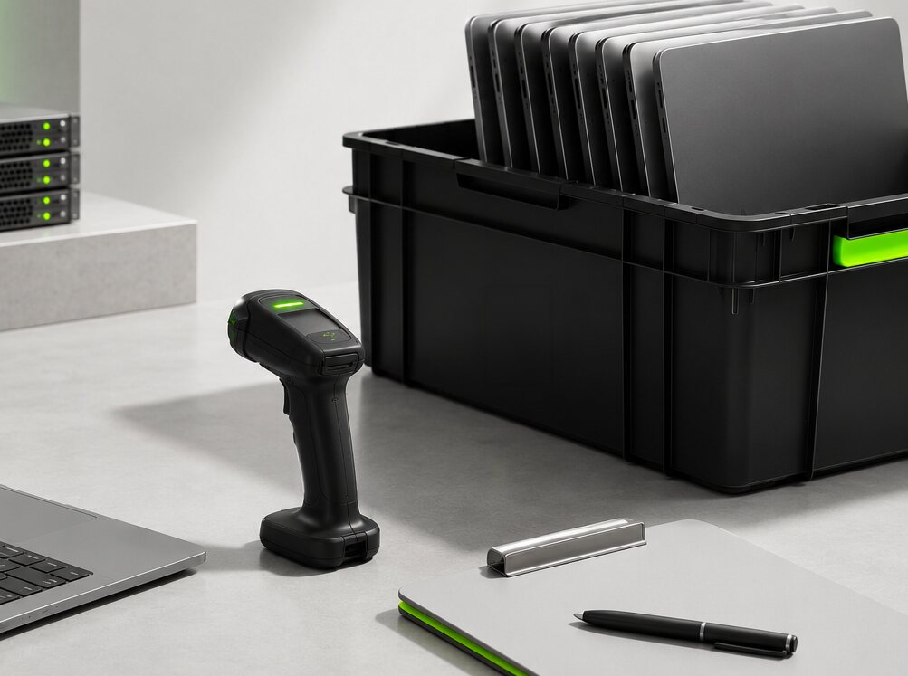 Laptop, barcode scanner and crate of devices for inventory
