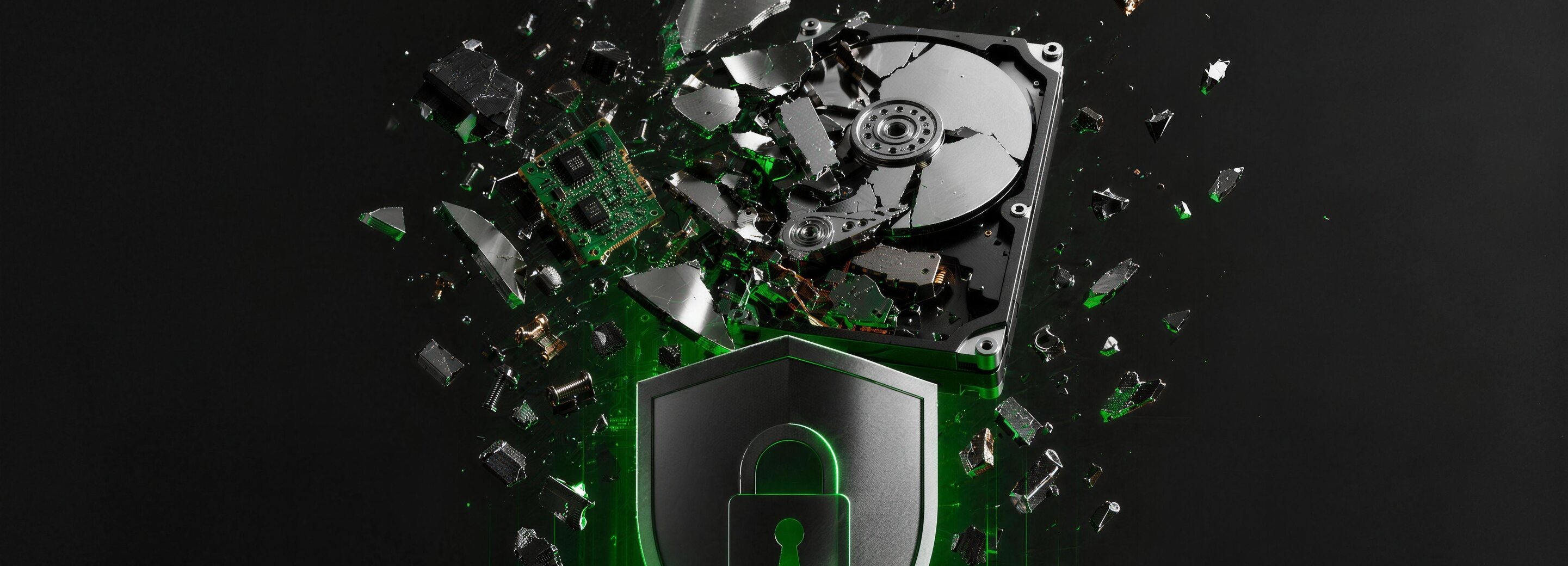 Shield and padlock above a shredded hard drive