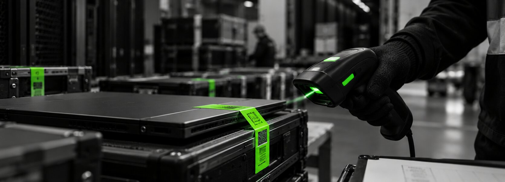 Technician scanning a server with a handheld device