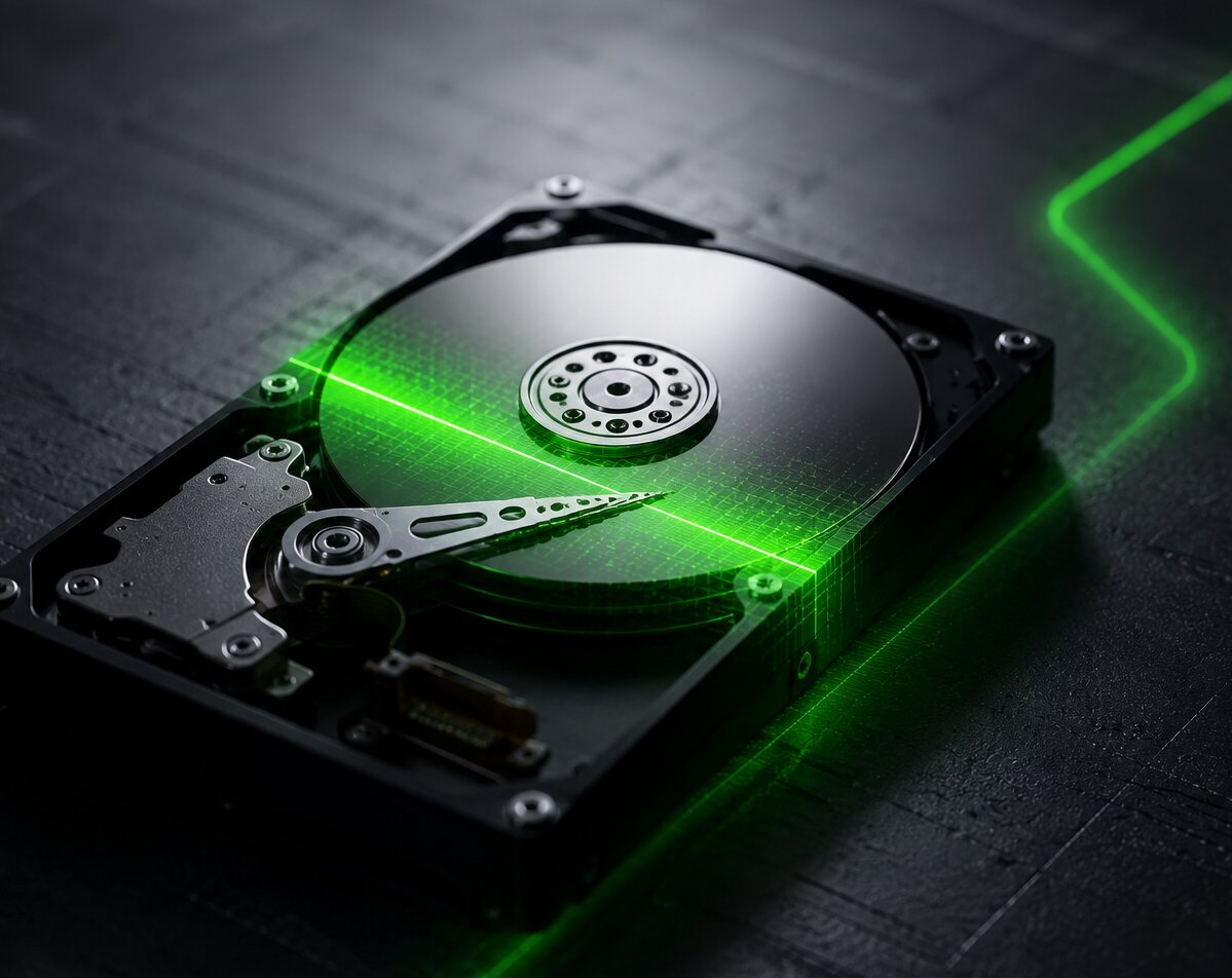 Hard drive lit with a green light