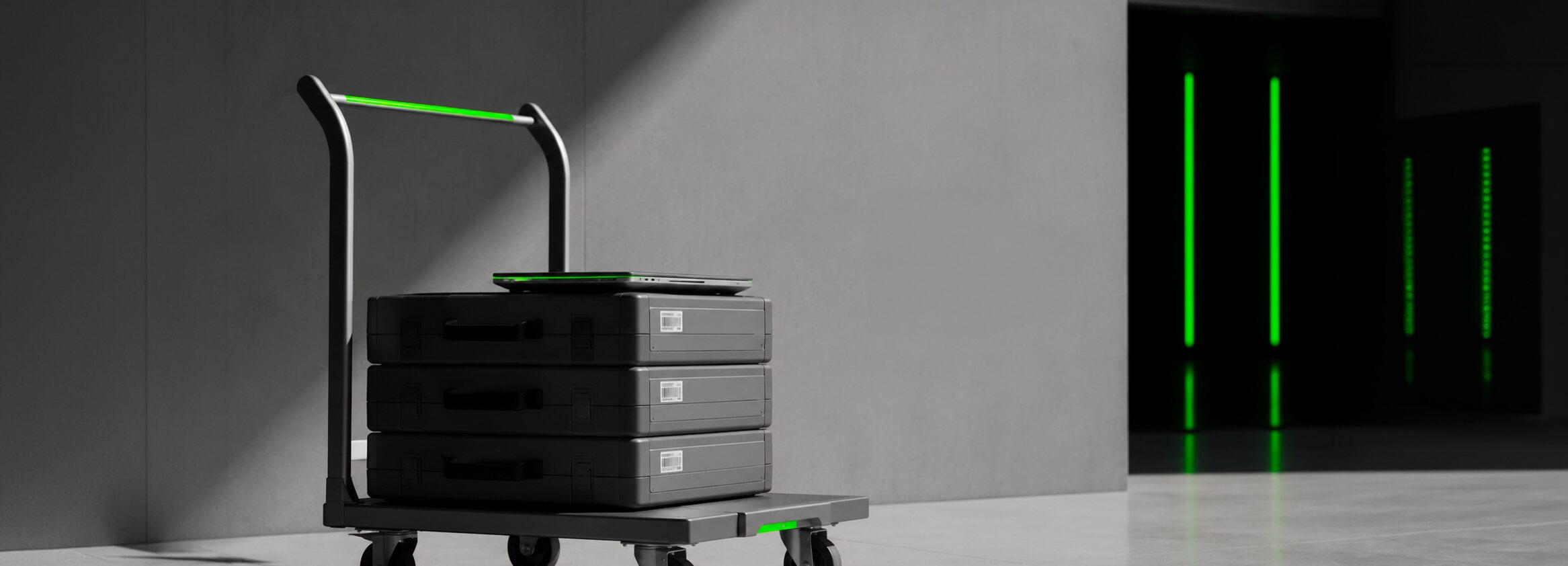 Hand truck carrying stacked IT hardware in a warehouse