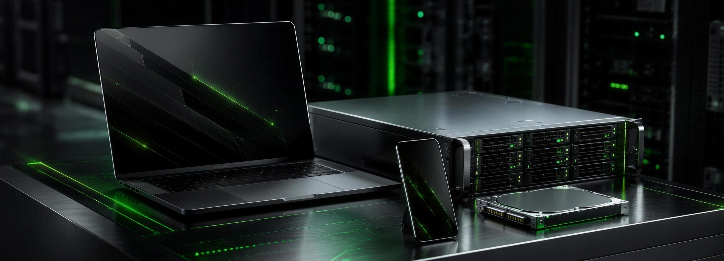 Laptops and drives in a storage crate ready for remarketing